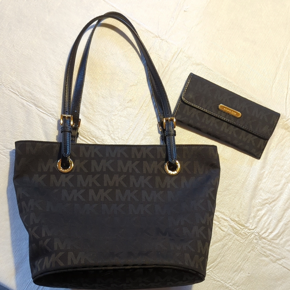 Michael Kors Black Monogram Tote and Wallet